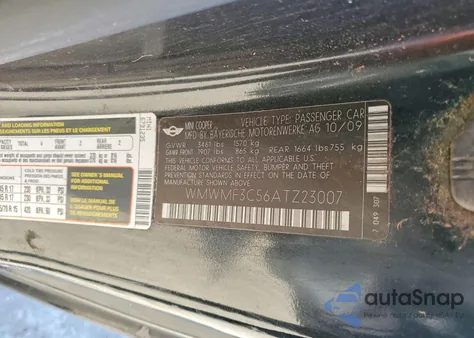 2010 Mini Cooper z USA, uszkodzony, nr VIN WMWMF3C56ATZ23007